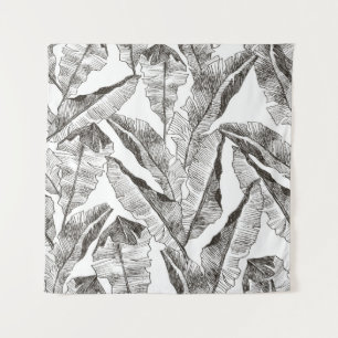Black White Jungle: Tropical Plant Pattern Tapestry