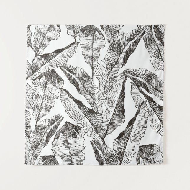 Black White Jungle: Tropical Plant Pattern Tapestry (Front)