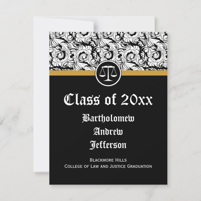 Black/White Justice Scales Law School Graduation Invitation (Front)