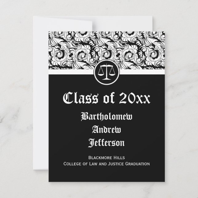 Black/White Justice Scales Law School Graduation Invitation (Front)