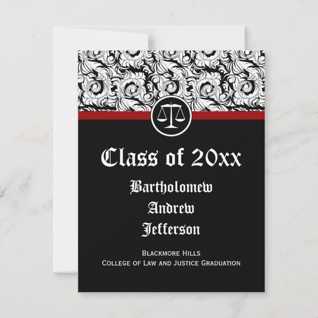 Black/White Justice Scales Law School Graduation Invitation (Front)