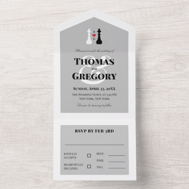 Black White King Chess Pieces Gay Wedding All In One Invitation (Inside)