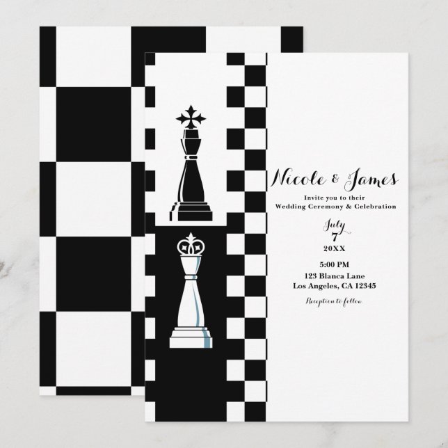 Black & White King Queen Chess Wedding Invitation (Front/Back)