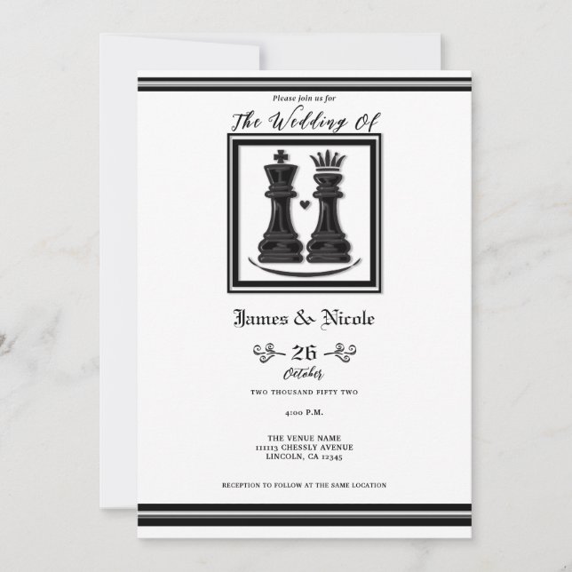 Black White King & Queen Chess Wedding Invitation (Front)