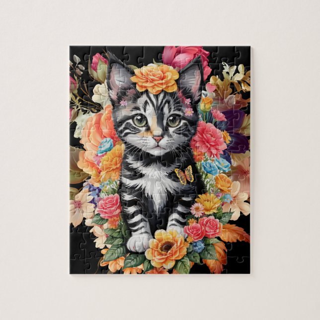 Black & White Kitten Floral Jigsaw Puzzle (Vertical)