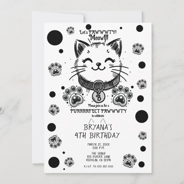 Black & White Kitty Cat Kitten Birthday Party  Invitation (Front)