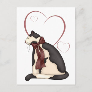 Black & White Kitty Cat w/Hearts Valentine Holiday Postcard