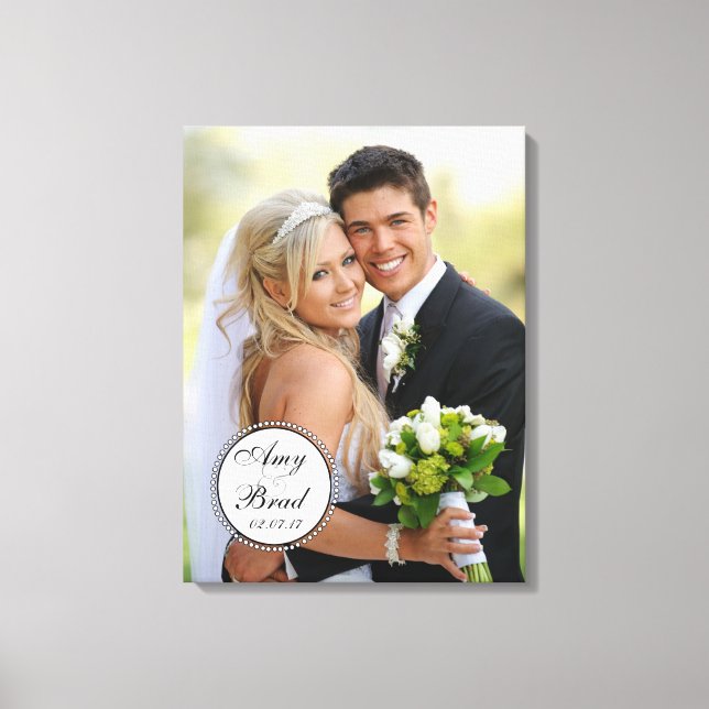 Black White Label Wedding Photo Keepsake Canvas Print (Front)
