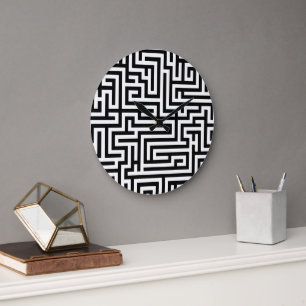 Black & White Labyrinth Maze Pattern Large Clock