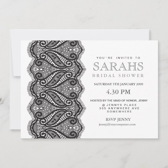 Black & White Lace Bridal Shower Party Invite (Front)