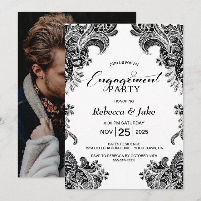 Black White Lace Custom Photo Engagement Party Invitation (Front/Back)