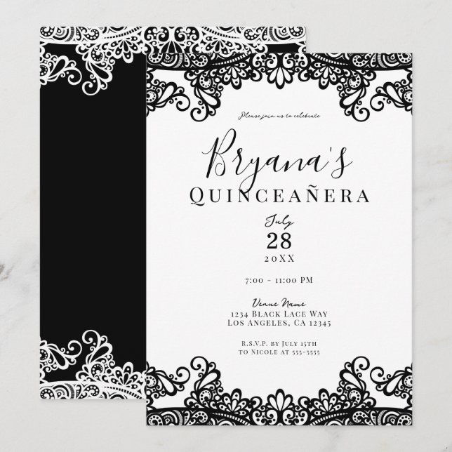 Black & White Lace Elegant Quinceañera Party   Invitation (Front/Back)