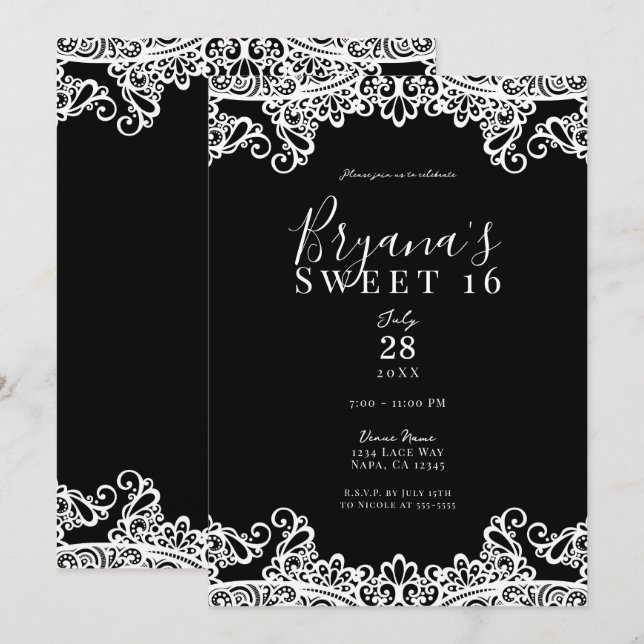Black & White Lace Elegant Sweet 16 Party Invitation (Front/Back)