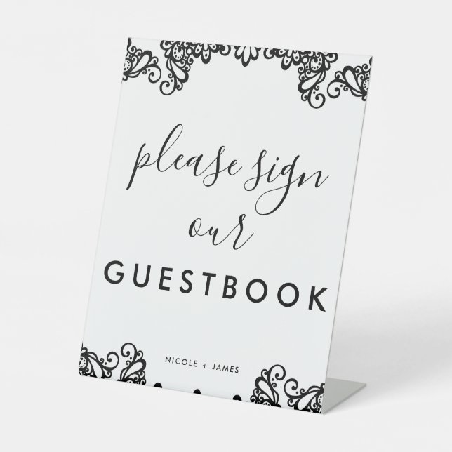 Black & White Lace Elegant Wedding Guestbook Sign (Front)