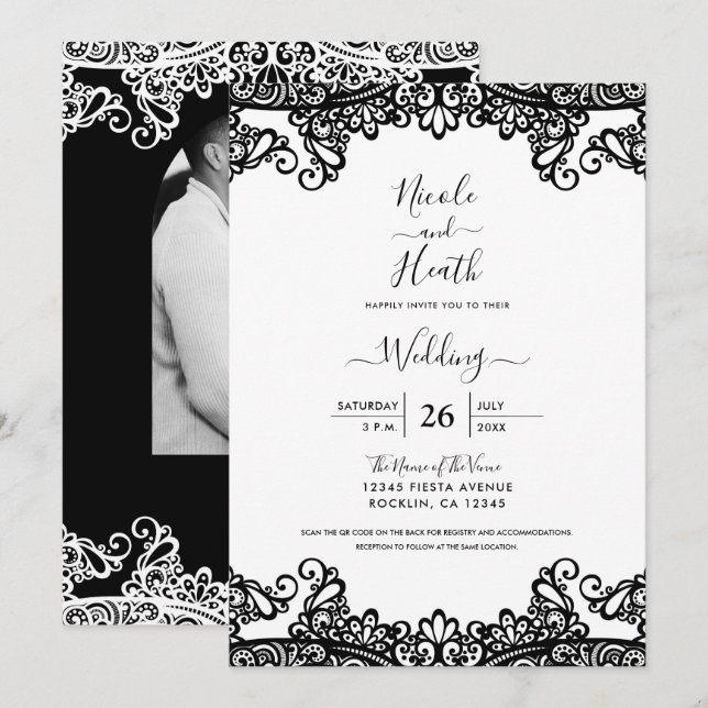 Black & White Lace Elegant Wedding      Invitation (Front/Back)