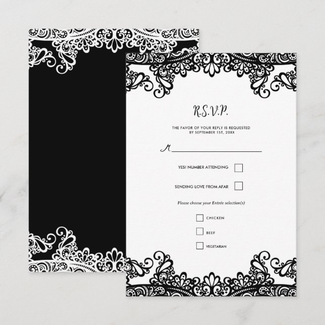 Black & White Lace Elegant Wedding RSVP (Front/Back)