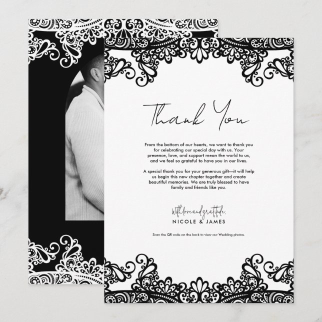 Black & White Lace Elegant Wedding Thank You Invitation (Front/Back)