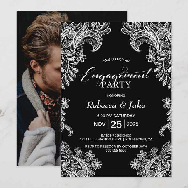 Black White Lace Engagement Party Invitation (Front/Back)