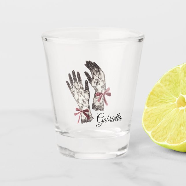 Black White Lace Gloves Burgundy Bow Shot Glass (Front)