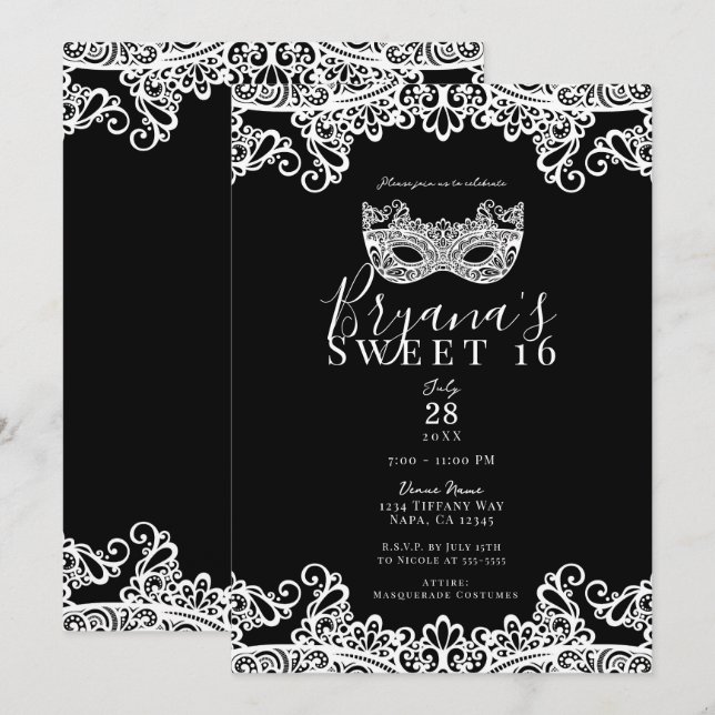 Black & White Lace Masquerade Sweet 16 Party  Invitation (Front/Back)