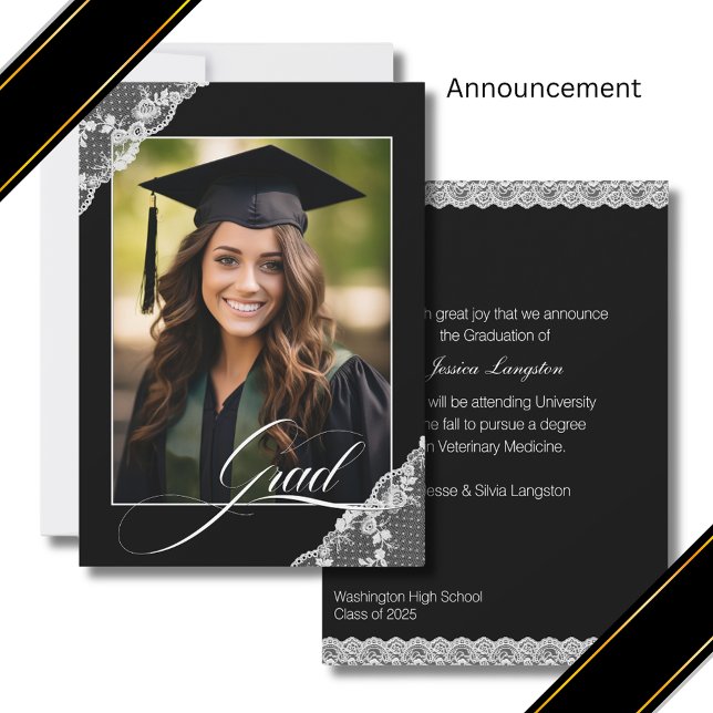 Black White Lace Photo Graduation  Announcement (Creator Uploaded)