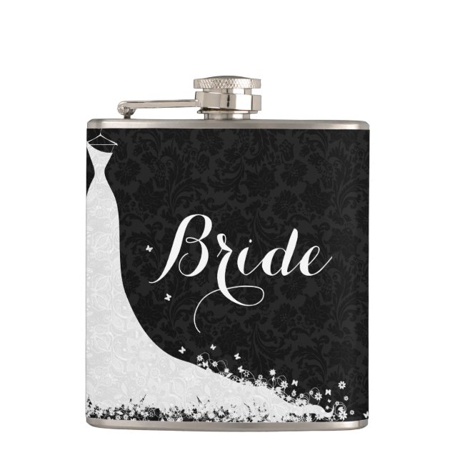Black White Lace Wedding Dress Bride Hip Flask (Front)