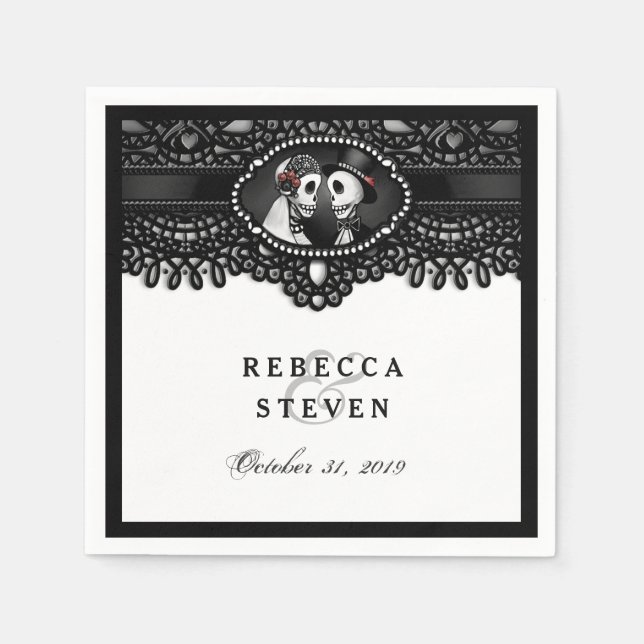 Black & White Lace Wedding Skeleton with Names Napkin (Front)