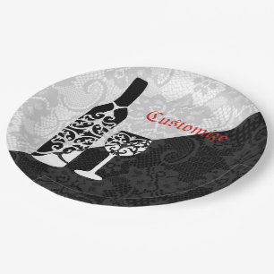 Black & White Lace Wine Bottle Plates