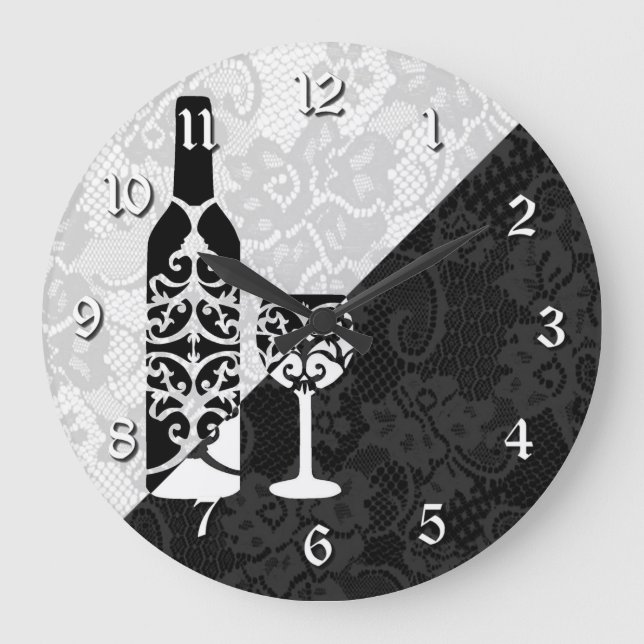 Black & White Lace Wine Bottle Round Clock (Front)