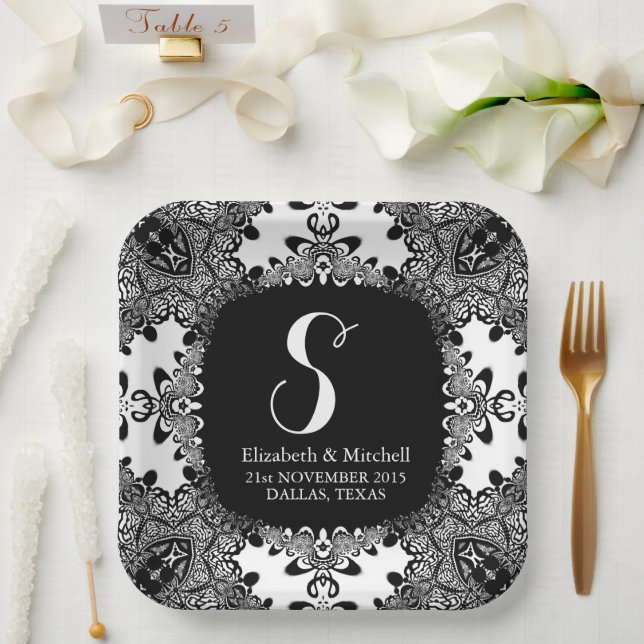 Black White Lacy Tribal Damask Fractal Lace Paper Plate (Wedding)