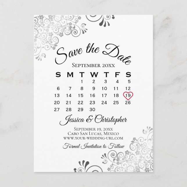 Black & White Lacy Wedding Save the Date Calendar Announcement Postcard (Front)