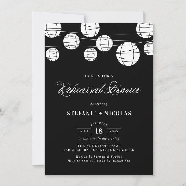BLACK & WHITE LANTERNS REHEARSAL DINNER INVITATION (Front)