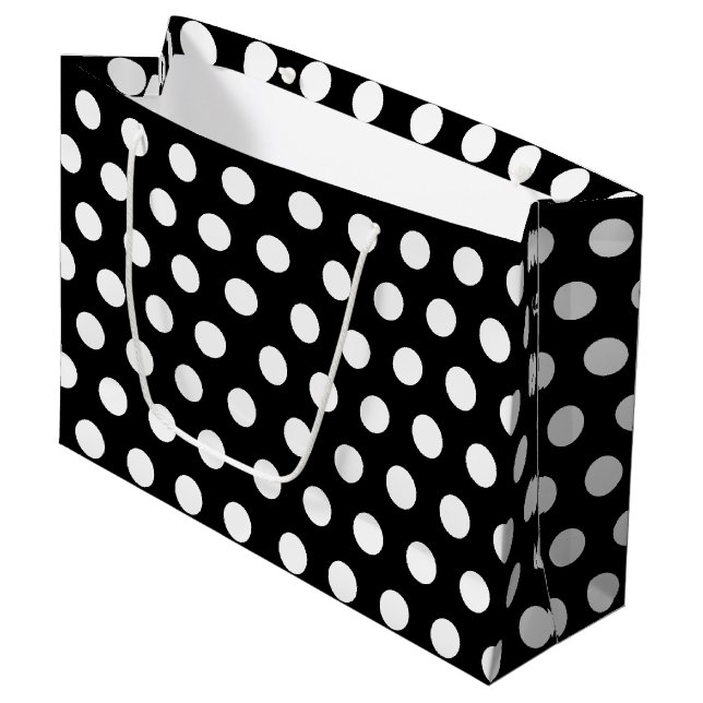 Black & White Large Medium Polka Dot Christmas Gift Bag (Front Angled)