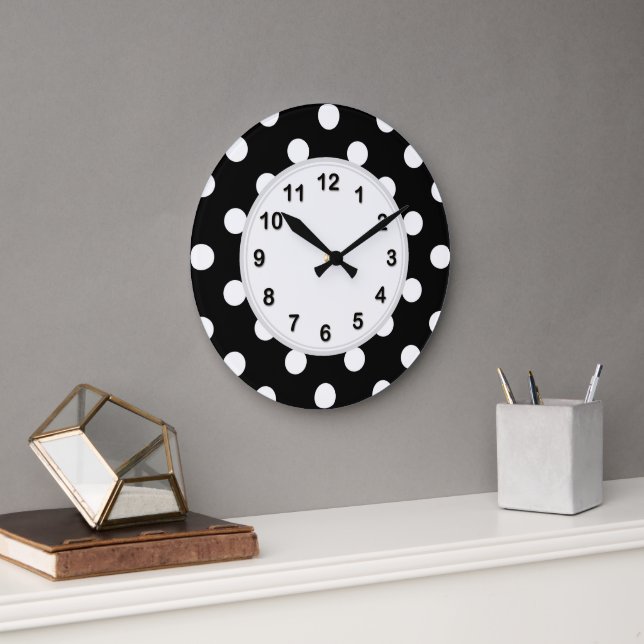 Black White Large Polka Dot Pattern Large Clock (Office)