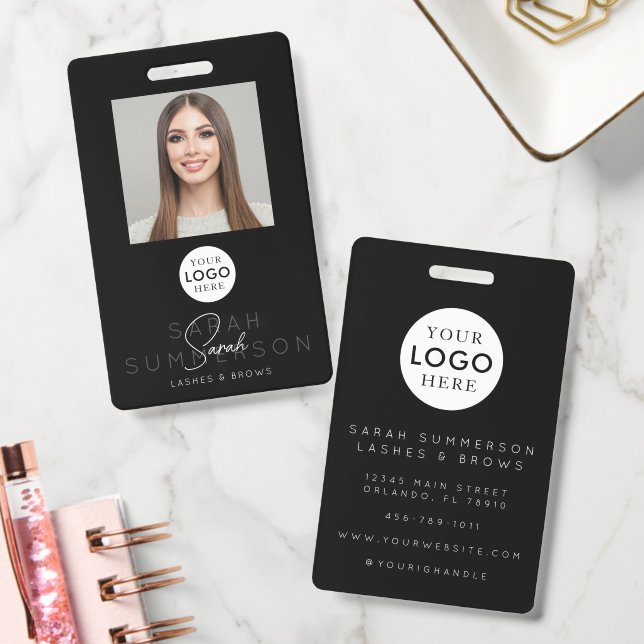 Black White Lashes Brows Makeup Employee ID Badge (Office)