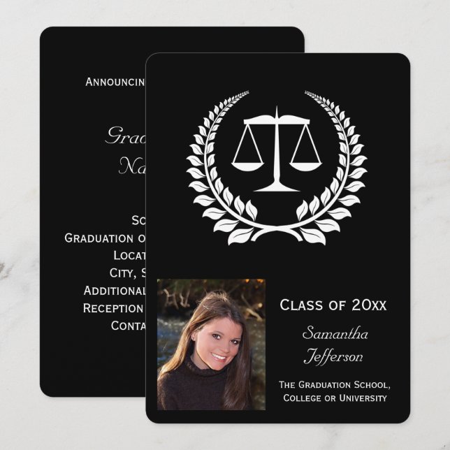 Black/White Laurel Law School Graduation Invitation (Front/Back)