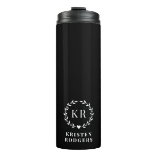 Black White Laurel Wreath Crest Monogram Thermal Tumbler