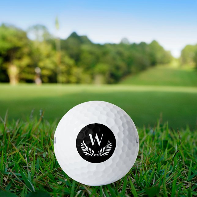 Black white laurel wreath monogram initial golf balls (Creator Uploaded)