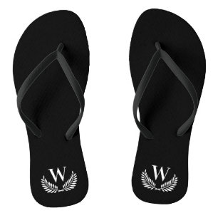Black white laurel wreath monogram initial letter flip flops