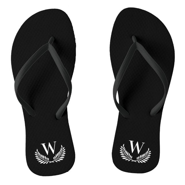 Black white laurel wreath monogram initial letter flip flops (Footbed)