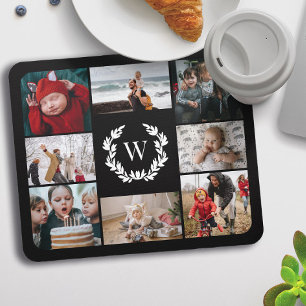 Black White Laurel Wreath Monogram Photo Collage Mouse Mat