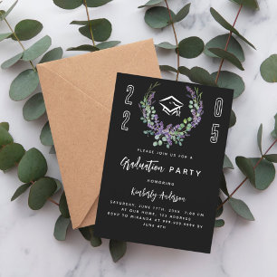 Black white lavender florals 2026 Graduation Party Invitation