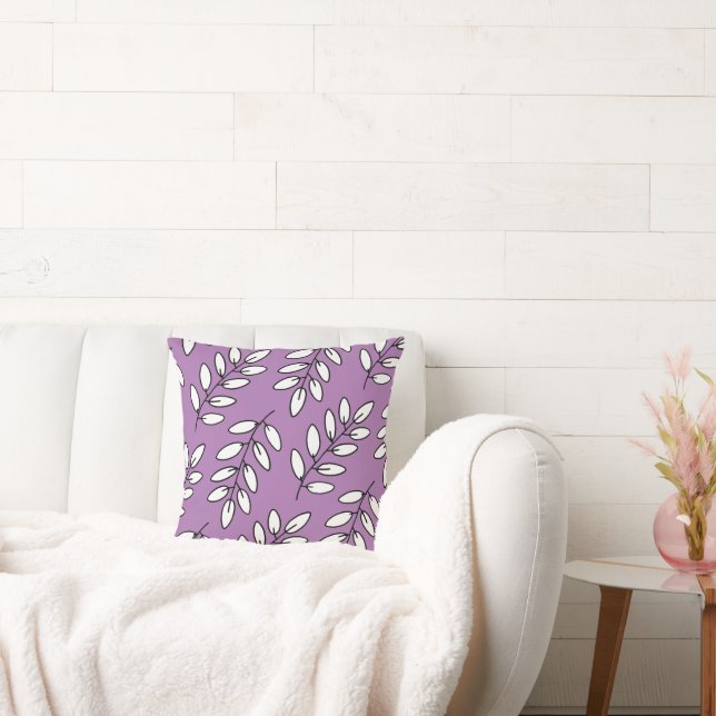 Black, White, Lavender Hand Drawn Leaves Pattern  Cushion (Couch)