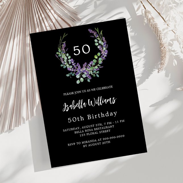 Black white lavender violet floral luxury birthday invitation (Creator Uploaded)
