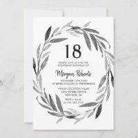 Black & White Leaf Wreath 18th Birthday Invite