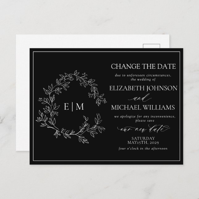 Black White Leafy Crest Monogram Change The Date Invitation Postcard (Front/Back)