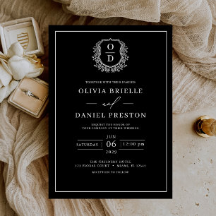 Black White Leafy Crest Monogram Elegant Wedding Invitation