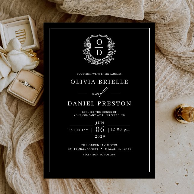 Black White Leafy Crest Monogram Elegant Wedding Invitation (Creator Uploaded)