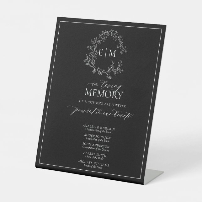 Black White Leafy Crest Monogram In Loving Memory Pedestal Sign (Front)