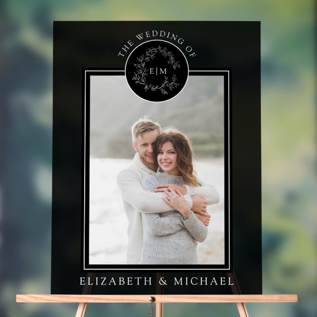 Black White Leafy Crest Monogram Photo Wedding Acrylic Sign (Neutral)